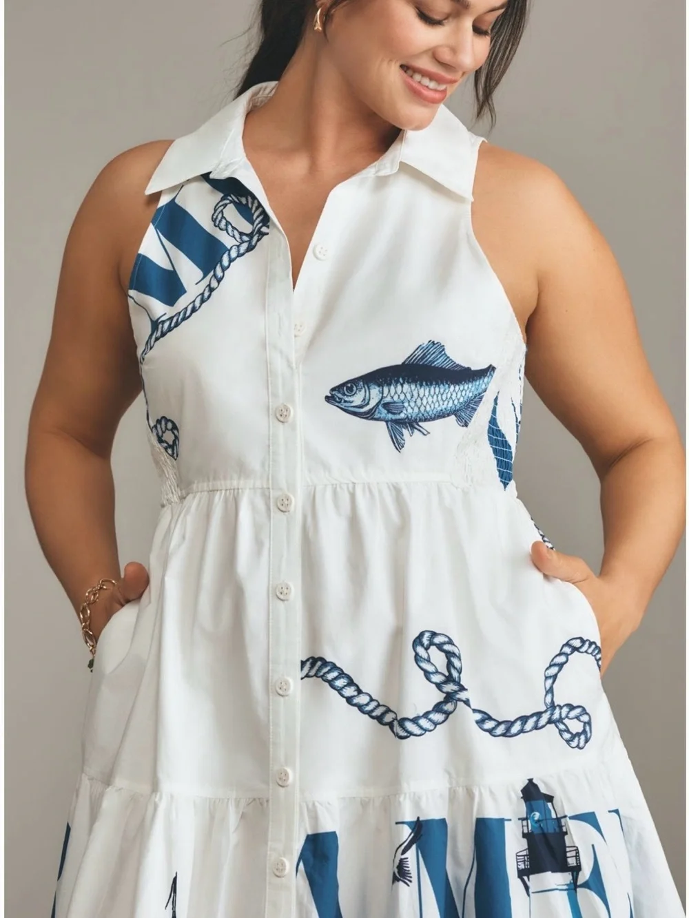 Maeve White & Navy Nautical Button-Front Midi Dress - Picture 3 of 13